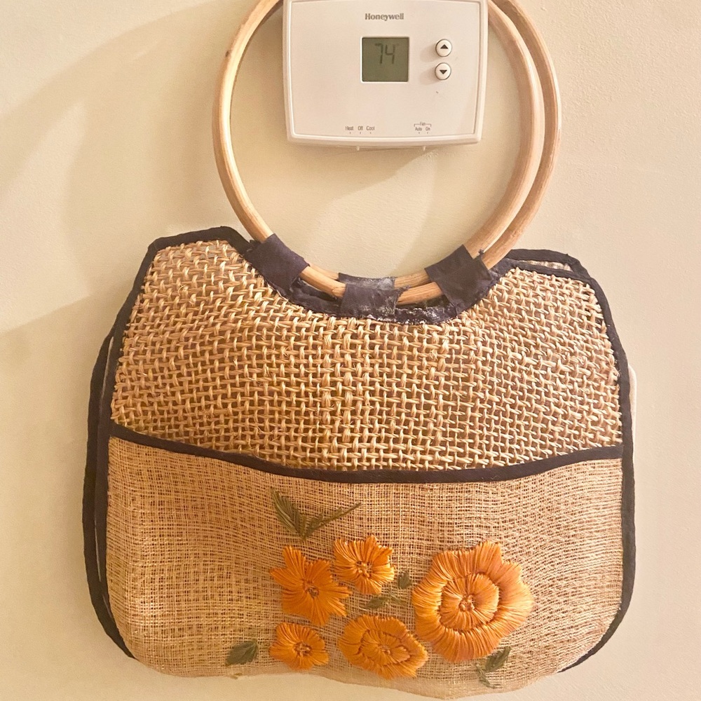 Vintage Round Handle Floral Straw Bag